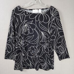 Liz & Co Petite Black White Floral Blouse Women Large 3/4 Sleeve Lightweight